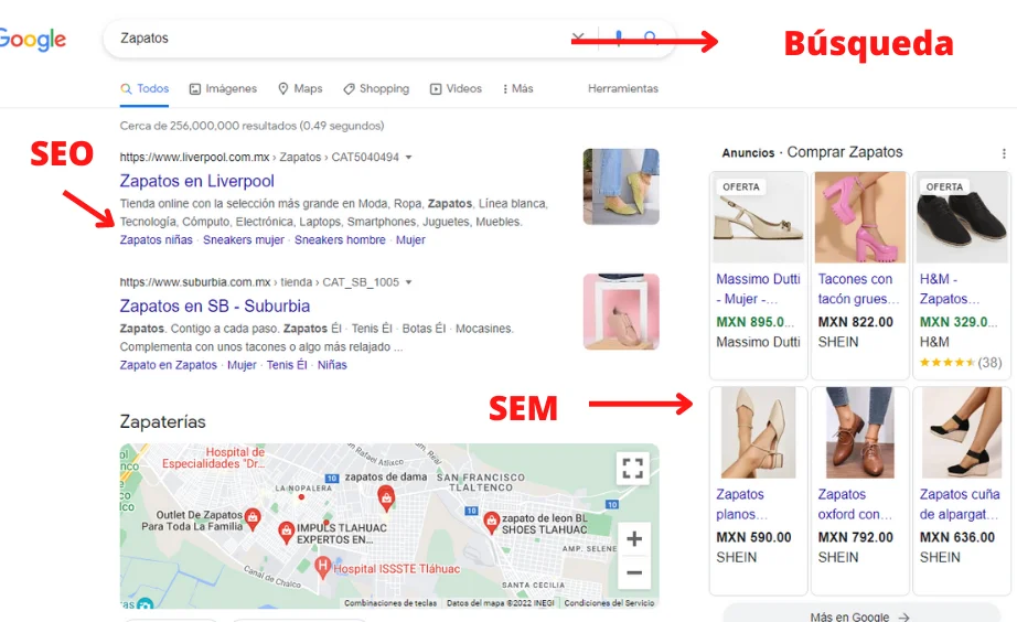 En la siguiente imagen podemos ver que al realizar una búsqueda en Google aparecen los primeros resultados, estos son por posicionamiento SEO y también aparecen anuncios estos son SEM.